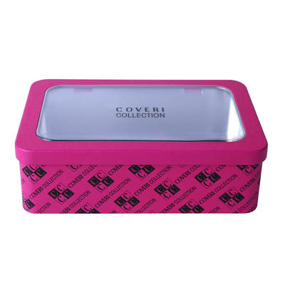 Cosmetic tin packing box with clear window and hinge